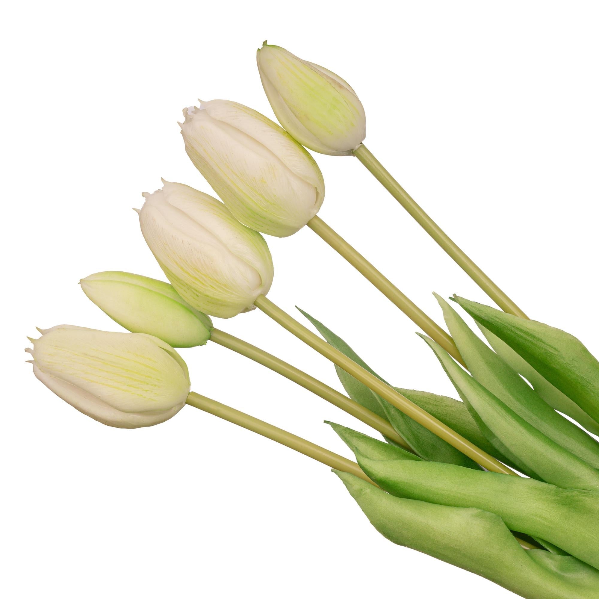 Tulpen boeket Wit/Groen - 10 stuks - 'Real Touch' Kunst tulpen - 42 cm (white/green) - Happy City Plants