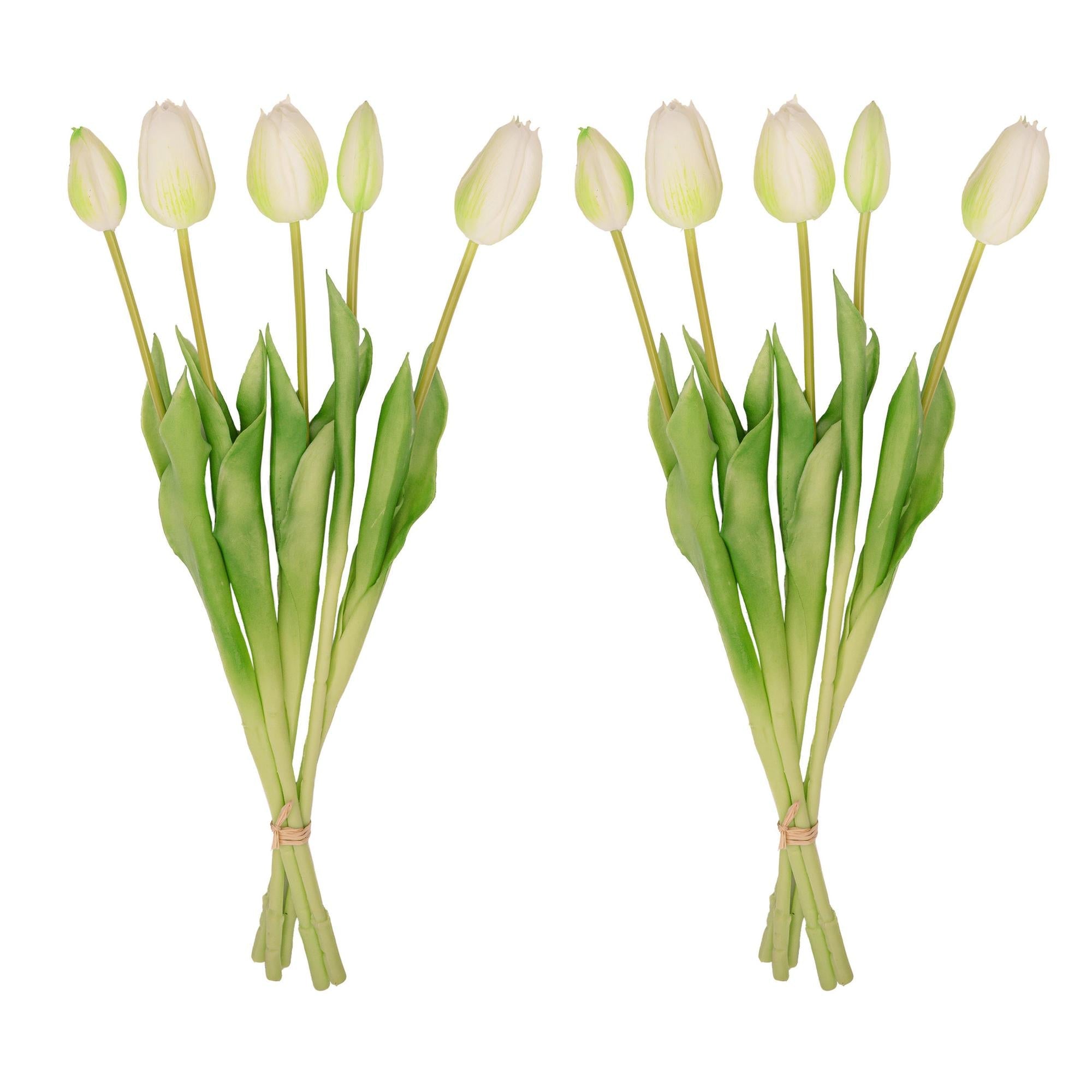 Tulpen boeket Wit/Groen - 10 stuks - 'Real Touch' Kunst tulpen - 42 cm (white/green) - Happy City Plants