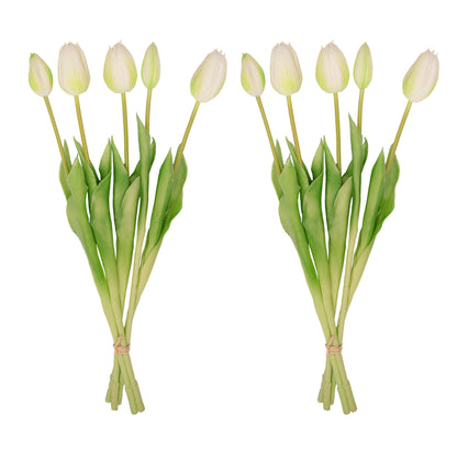 Tulpen boeket Wit/Groen - 10 stuks - 'Real Touch' Kunst tulpen - 42 cm (white/green) - Happy City Plants