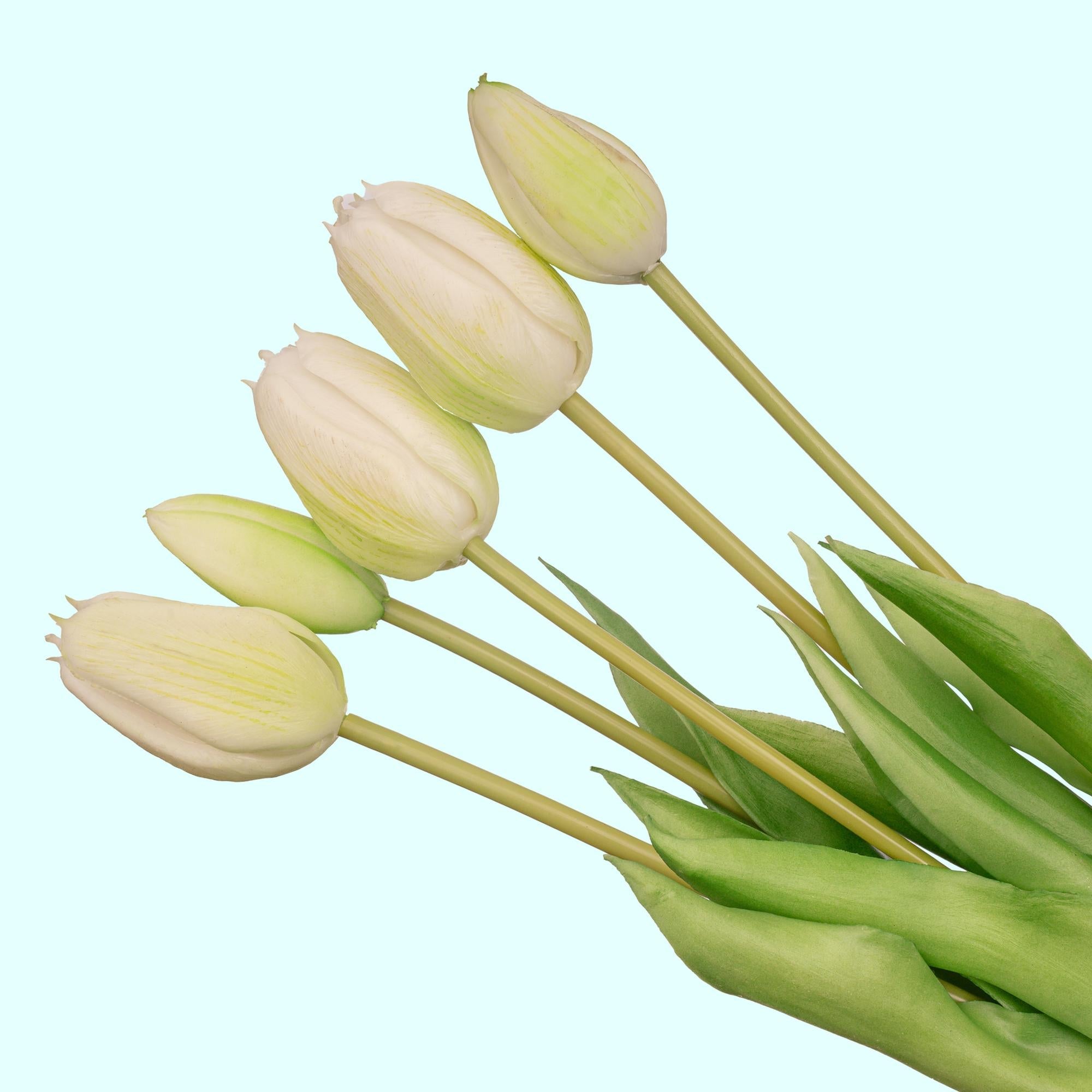 Tulpen boeket Wit/Groen - 10 stuks - 'Real Touch' Kunst tulpen - 42 cm (white/green) - Happy City Plants