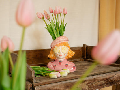 Vaas Meisje aardbei - Roze Aardewerk pot - 24 cm hoog - Happy City Plants