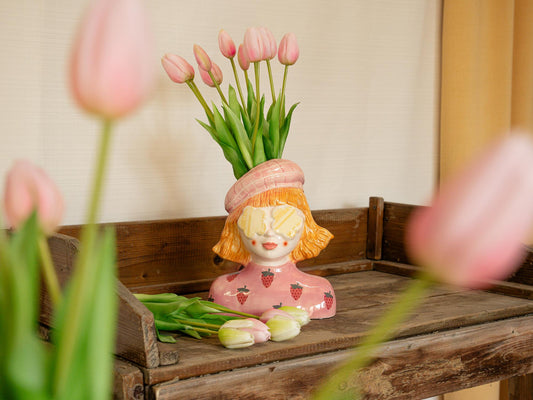 Vaas Meisje aardbei - Roze Aardewerk pot - 24 cm hoog - Happy City Plants